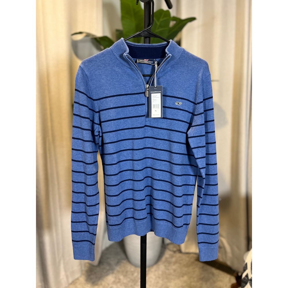 Vineyard Vines Boys XL Moonshine Blue Beau Stripe 1/4 Zip Sweater NWT 2E001006